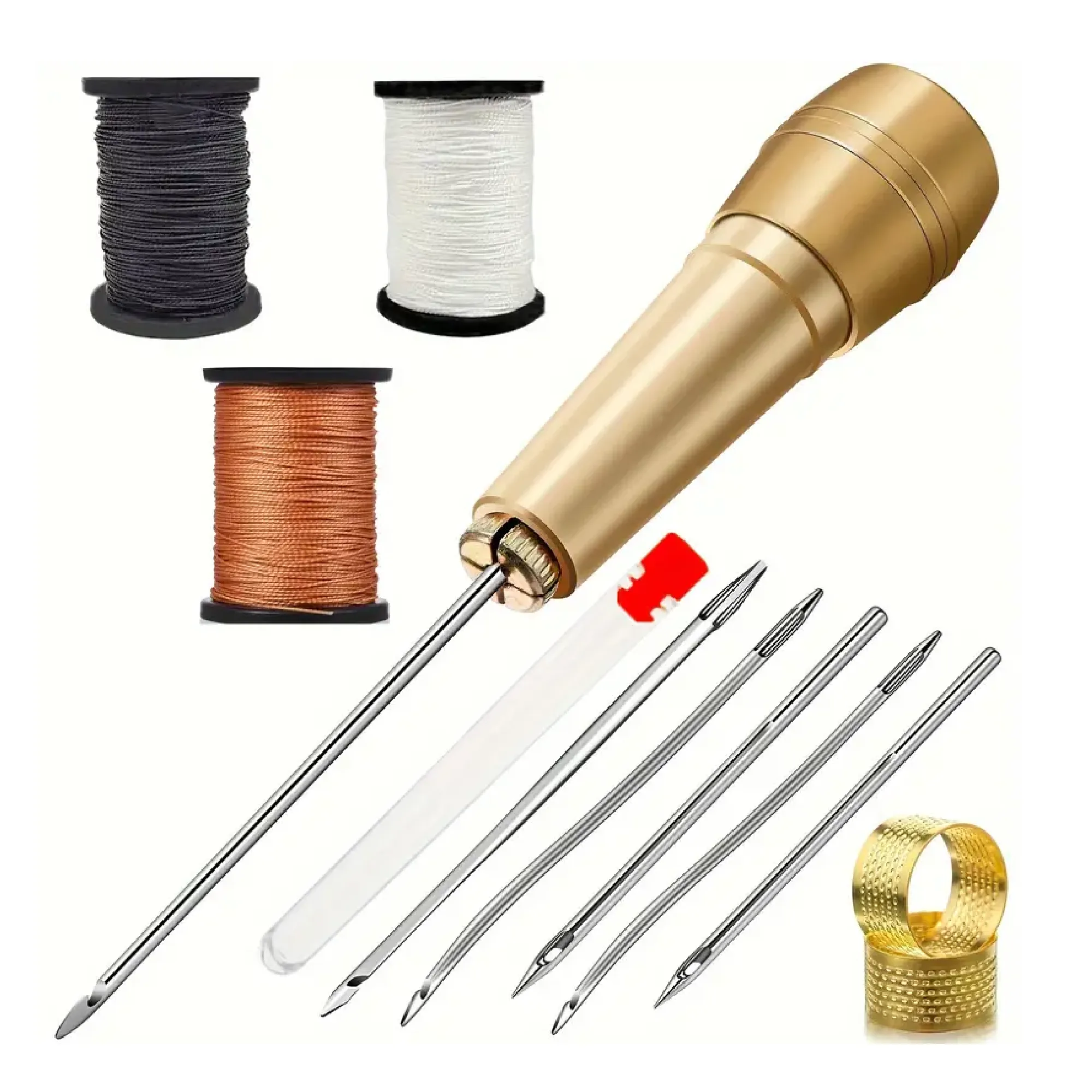 13pcs Leather Sewing Kit Contains DIY Copper Handle Leather Sewing Awl With Six Piece Needles And Brown, Black, White Nylon Thread Set For Leather Canvas Tent Shoes Repair Tool