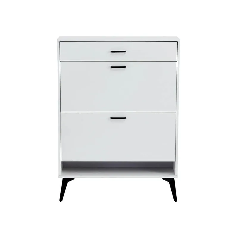 31.5" White Wooden Shoe Storage Cabinet with 2 Flip Drawers & Metal Legs