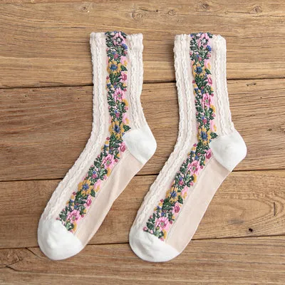 4 Pairs Vintage Socks Women's Long Tube Socks Floral