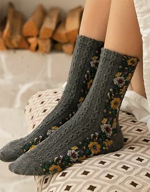 4 Pairs Vintage Socks Women's Long Tube Socks Floral