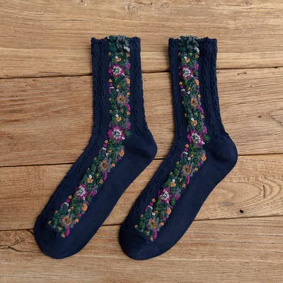 4 Pairs Vintage Socks Women's Long Tube Socks Floral