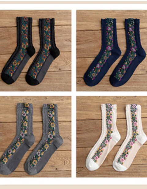 4 Pairs Vintage Socks Women's Long Tube Socks Floral