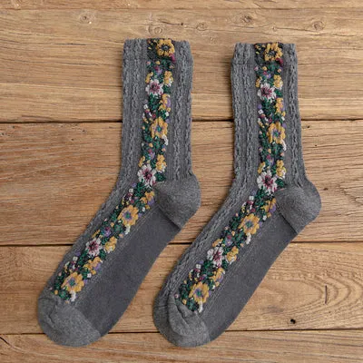 4 Pairs Vintage Socks Women's Long Tube Socks Floral