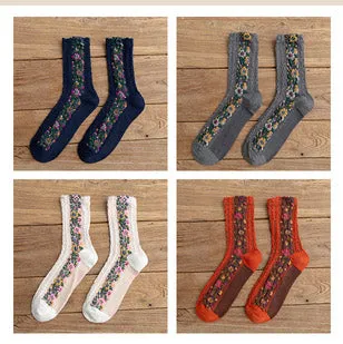 4 Pairs Vintage Socks Women's Long Tube Socks Floral