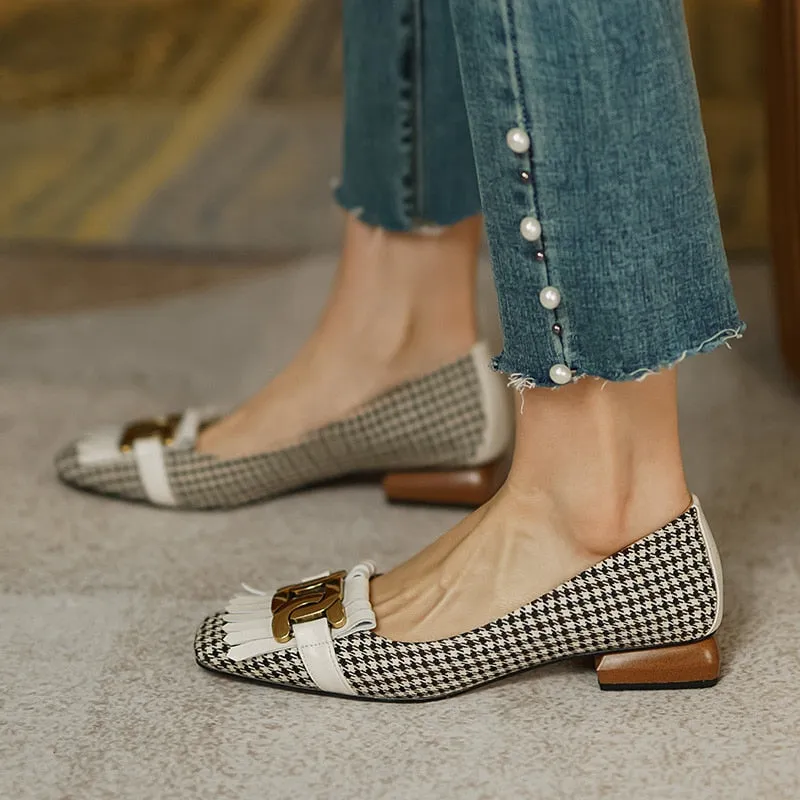 Amozae-  Low Heel Pumps Casual Women's Shoes 2024 Autumn Vintage Plaid Tassel Ladies Shoes Slip-on Loafers Female Flat Single Shoes