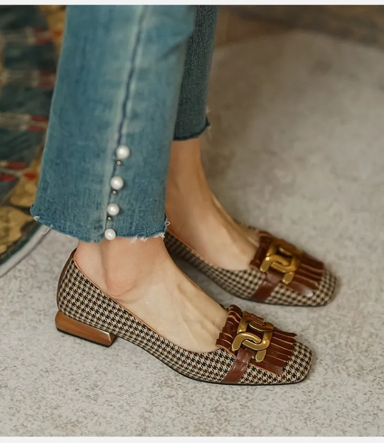 Amozae-  Low Heel Pumps Casual Women's Shoes 2024 Autumn Vintage Plaid Tassel Ladies Shoes Slip-on Loafers Female Flat Single Shoes