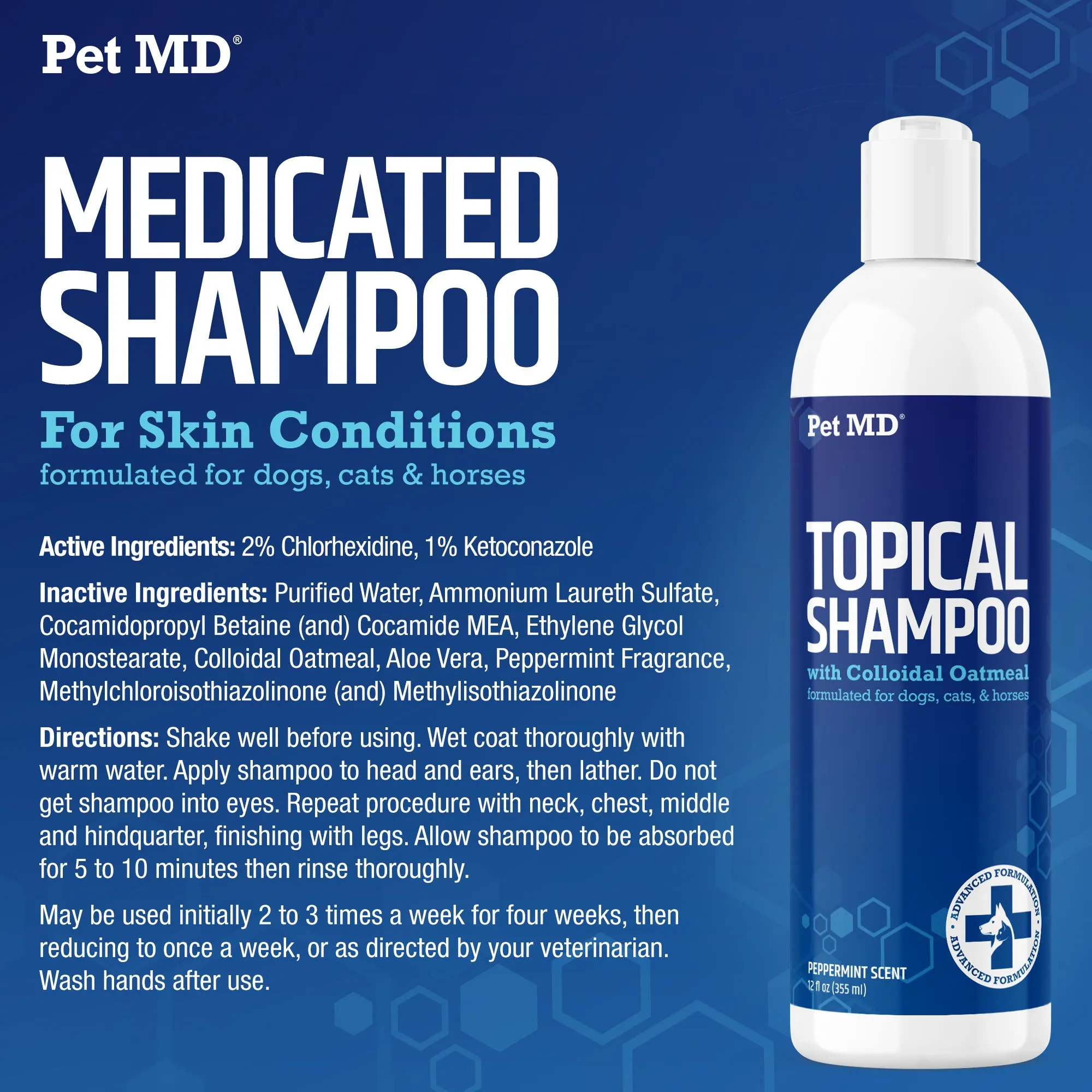 Antiseptic & Antifungal Medicated Topical Shampoo for Dogs, Cats, Horses - 12 oz