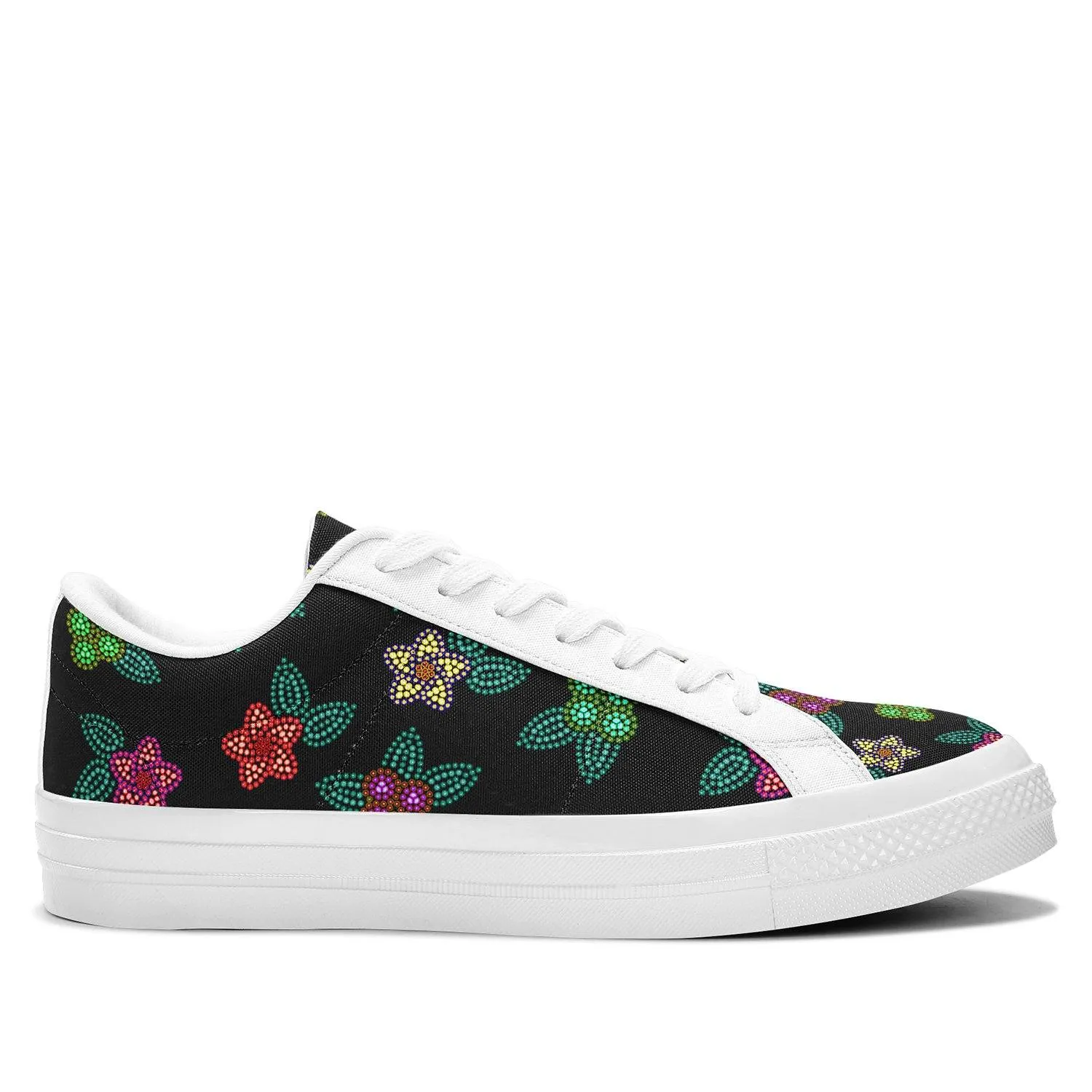 Berry Flowers Black Aapisi Low Top Canvas Shoes White Sole