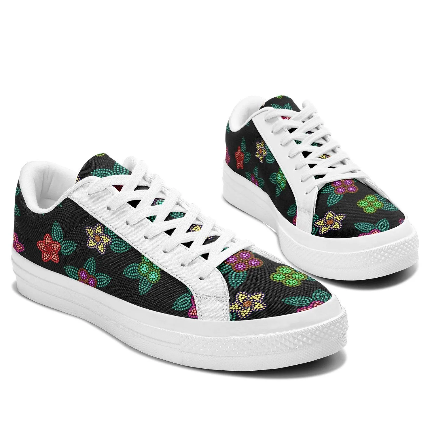 Berry Flowers Black Aapisi Low Top Canvas Shoes White Sole