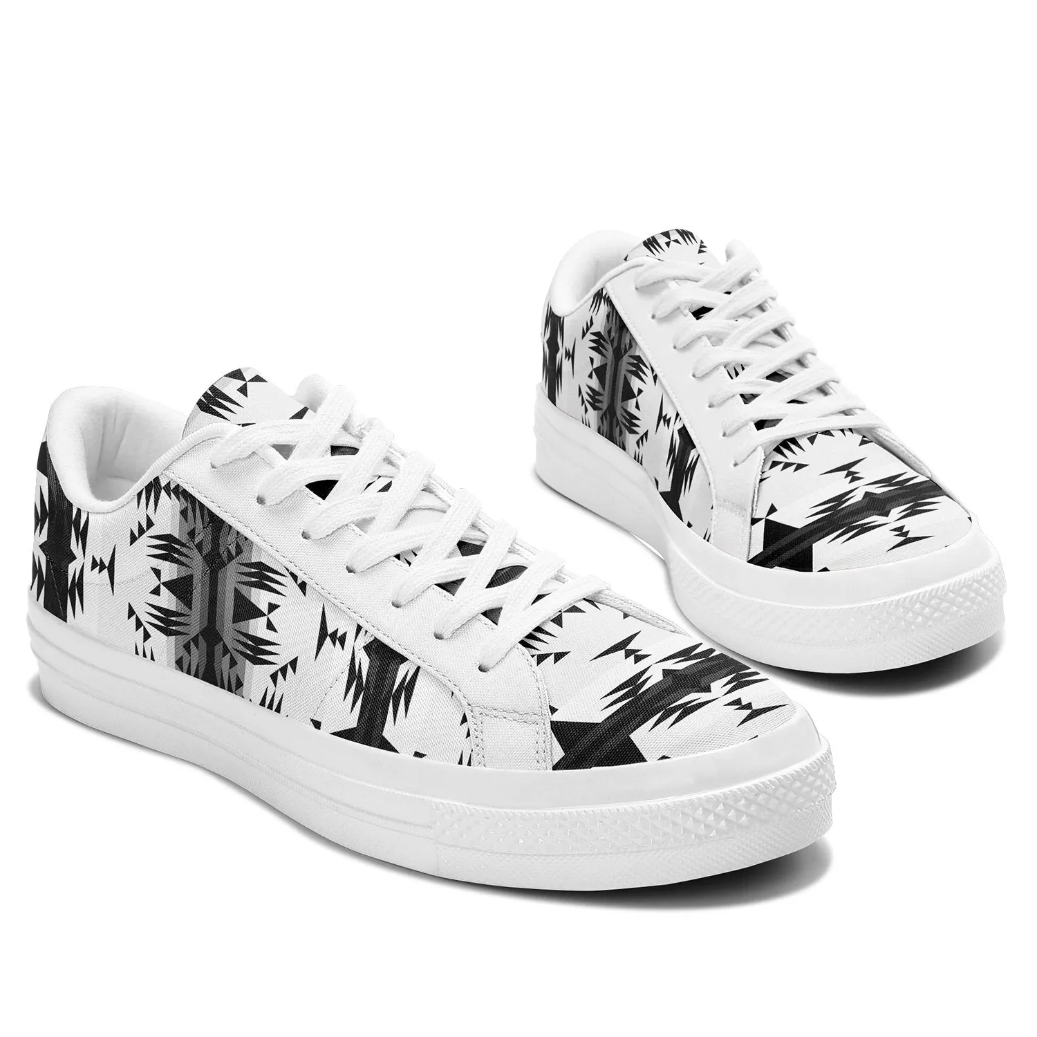 Between the Mountains White and Black Aapisi Low Top Canvas Shoes White Sole