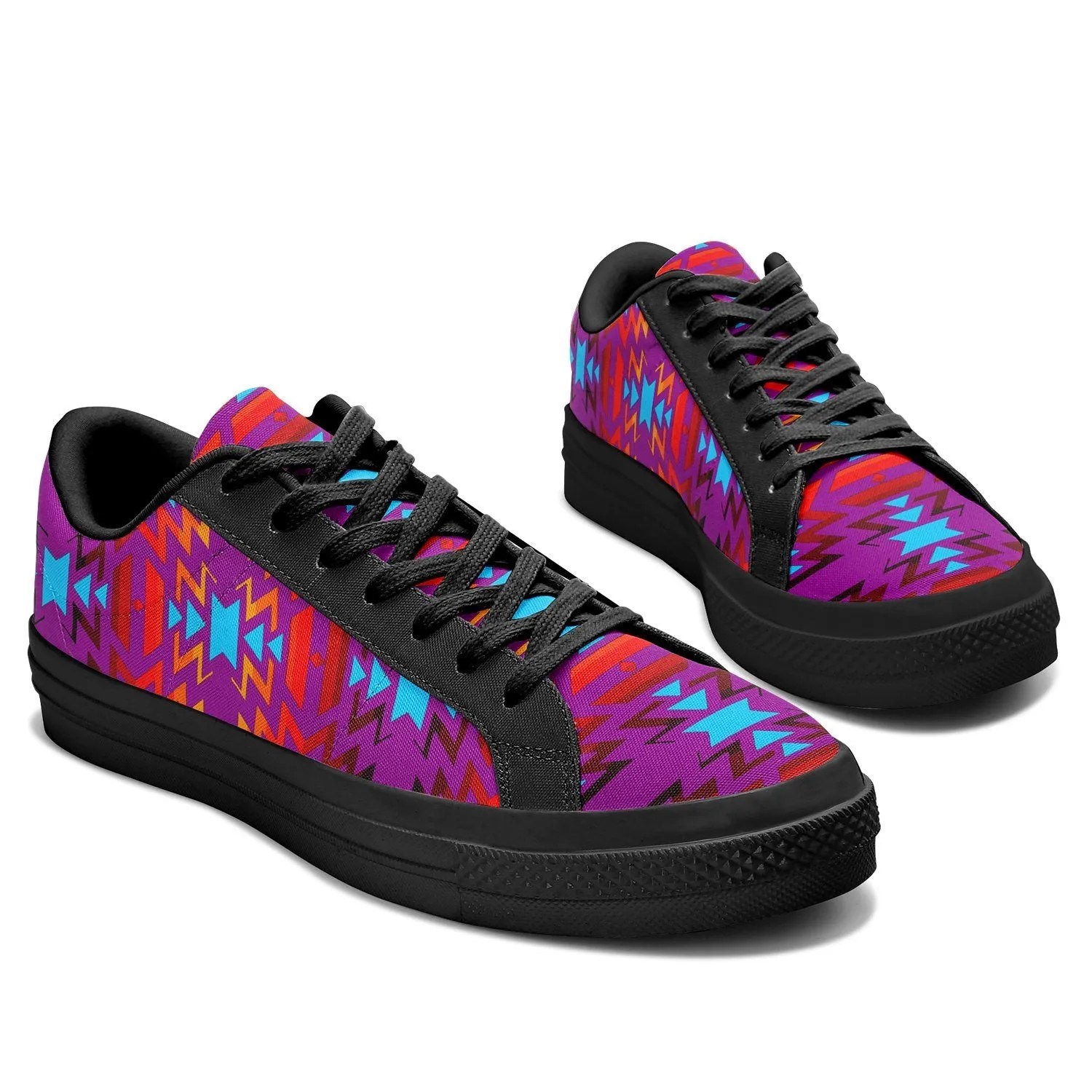 Big Pattern Fire Colors and Turquoise Purple Aapisi Low Top Canvas Shoes Black Sole