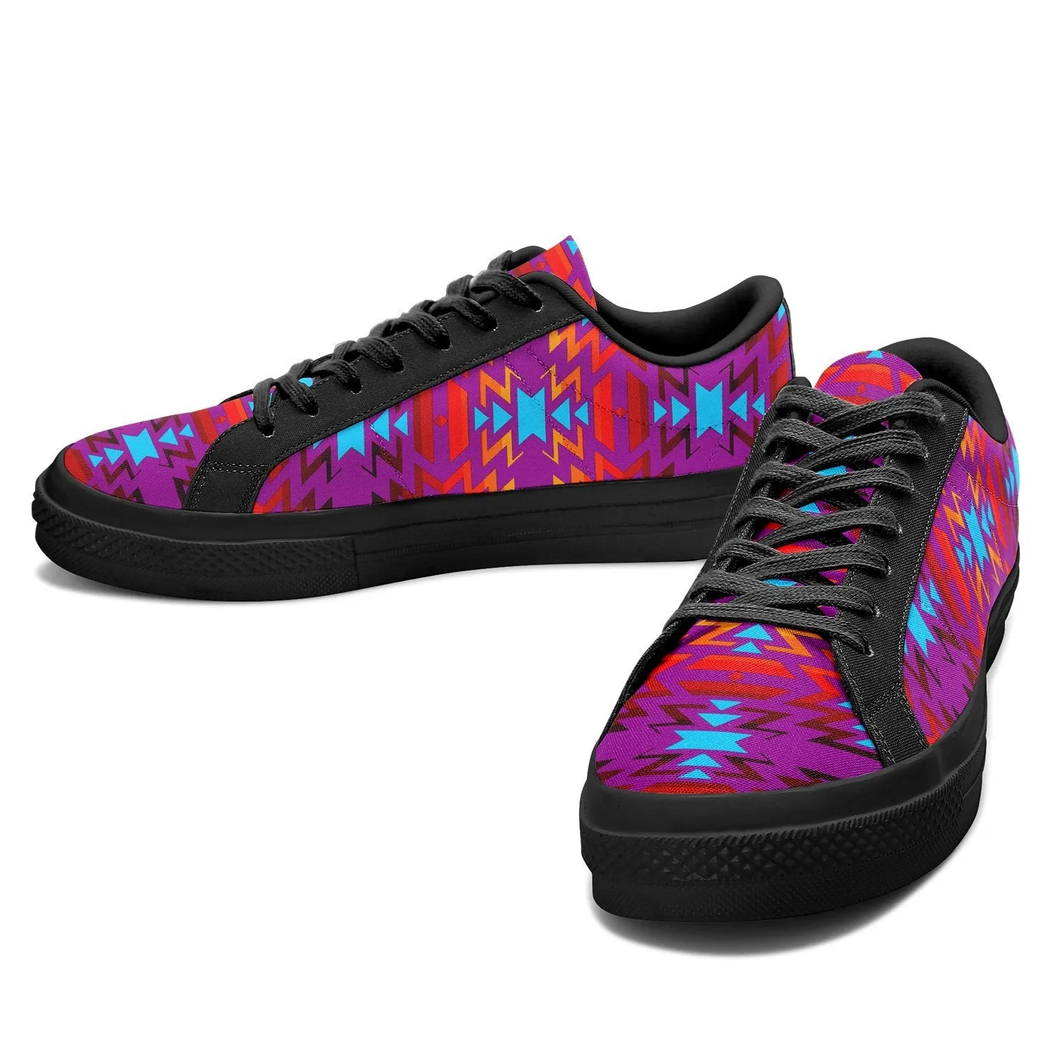 Big Pattern Fire Colors and Turquoise Purple Aapisi Low Top Canvas Shoes Black Sole