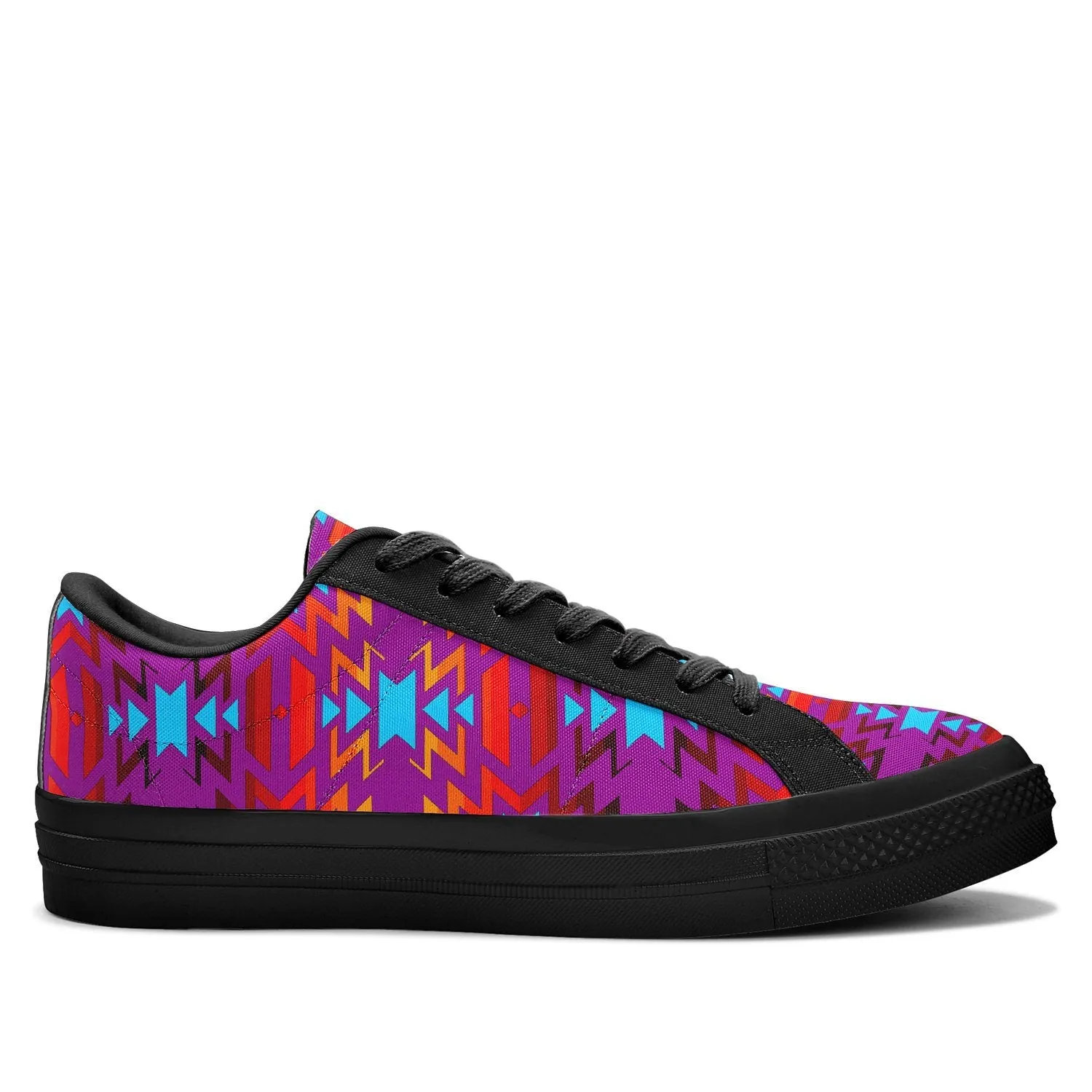 Big Pattern Fire Colors and Turquoise Purple Aapisi Low Top Canvas Shoes Black Sole