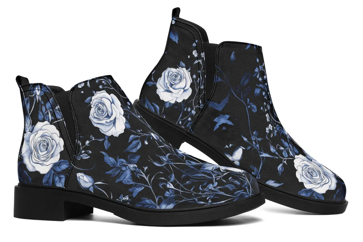 Blue Rose Romance Chelsea Boots - Comfy Slip-On - Soft & Water-Resistant Micro-Suede Vegan Shoes