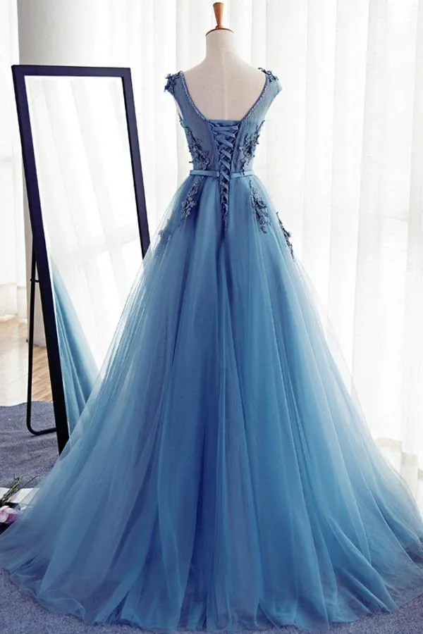 Blue Round Neck Tulle Lace Long Prom Dress Blue Evening Dress PSK204