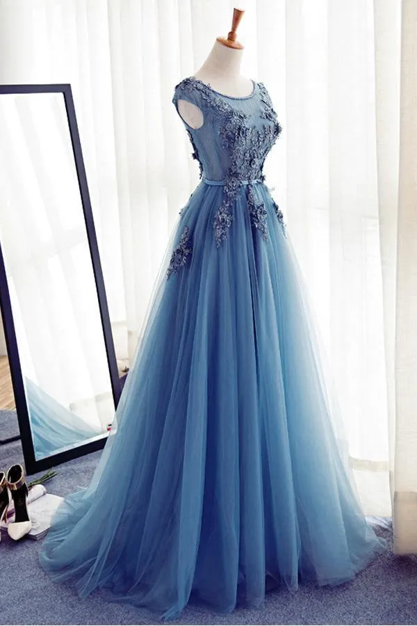 Blue Round Neck Tulle Lace Long Prom Dress Blue Evening Dress PSK204