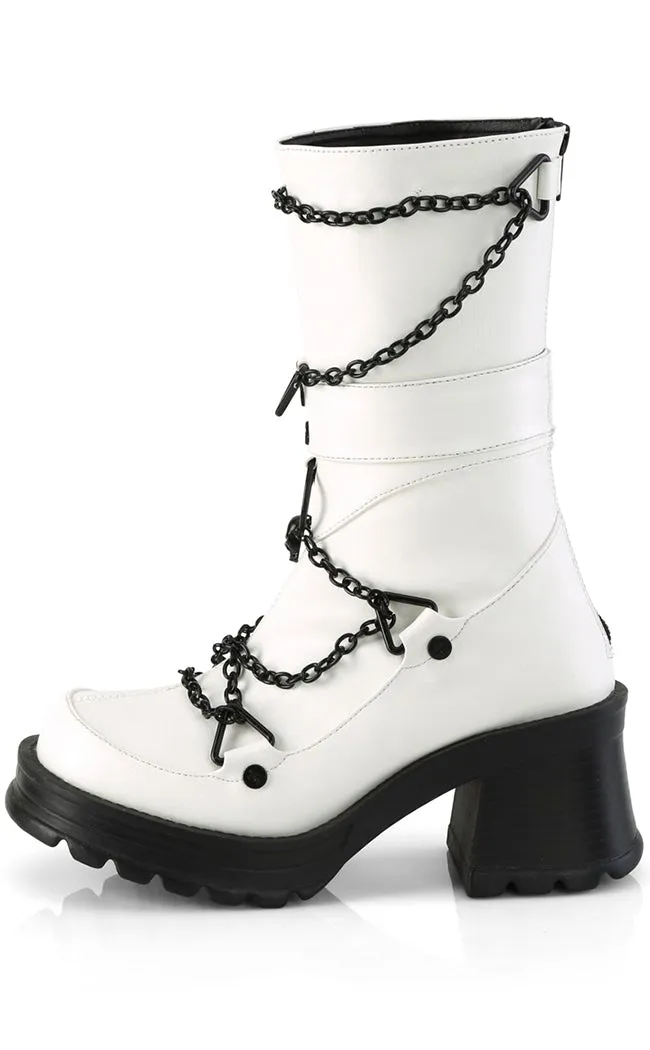 BRATTY-120 White Chain Mid-Calf Boots