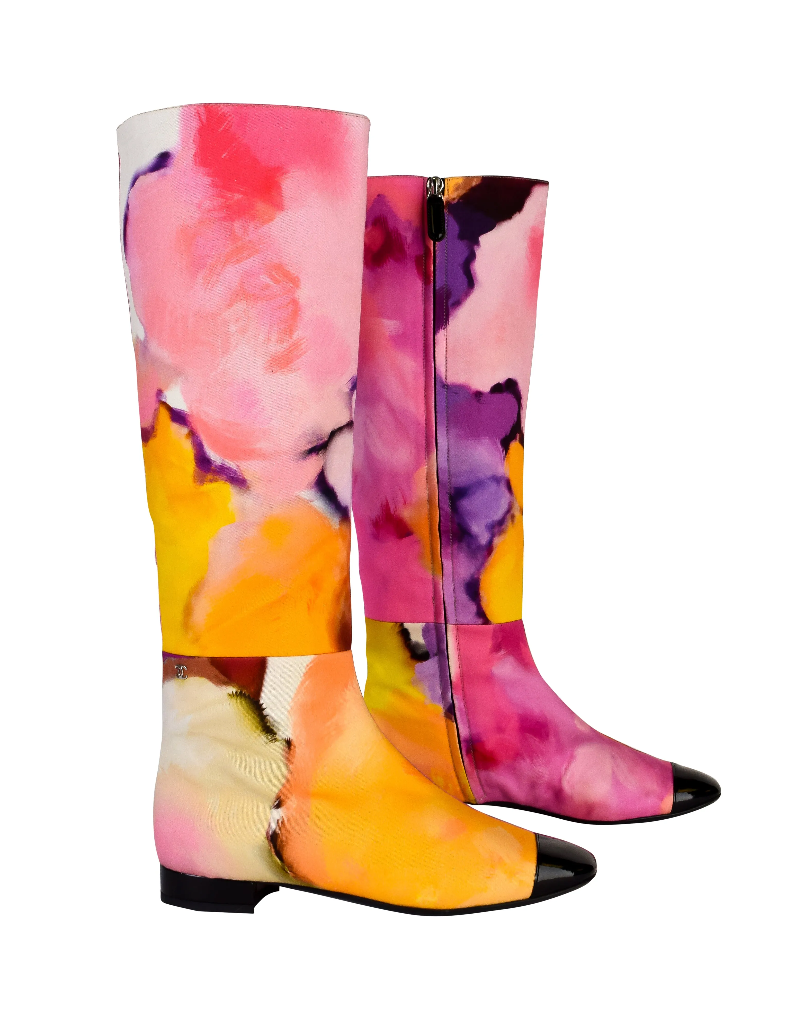 Chanel Spring Summer 2015 Vivid Watercolor Floral Print Black Patent Leather Toe Cap Boots