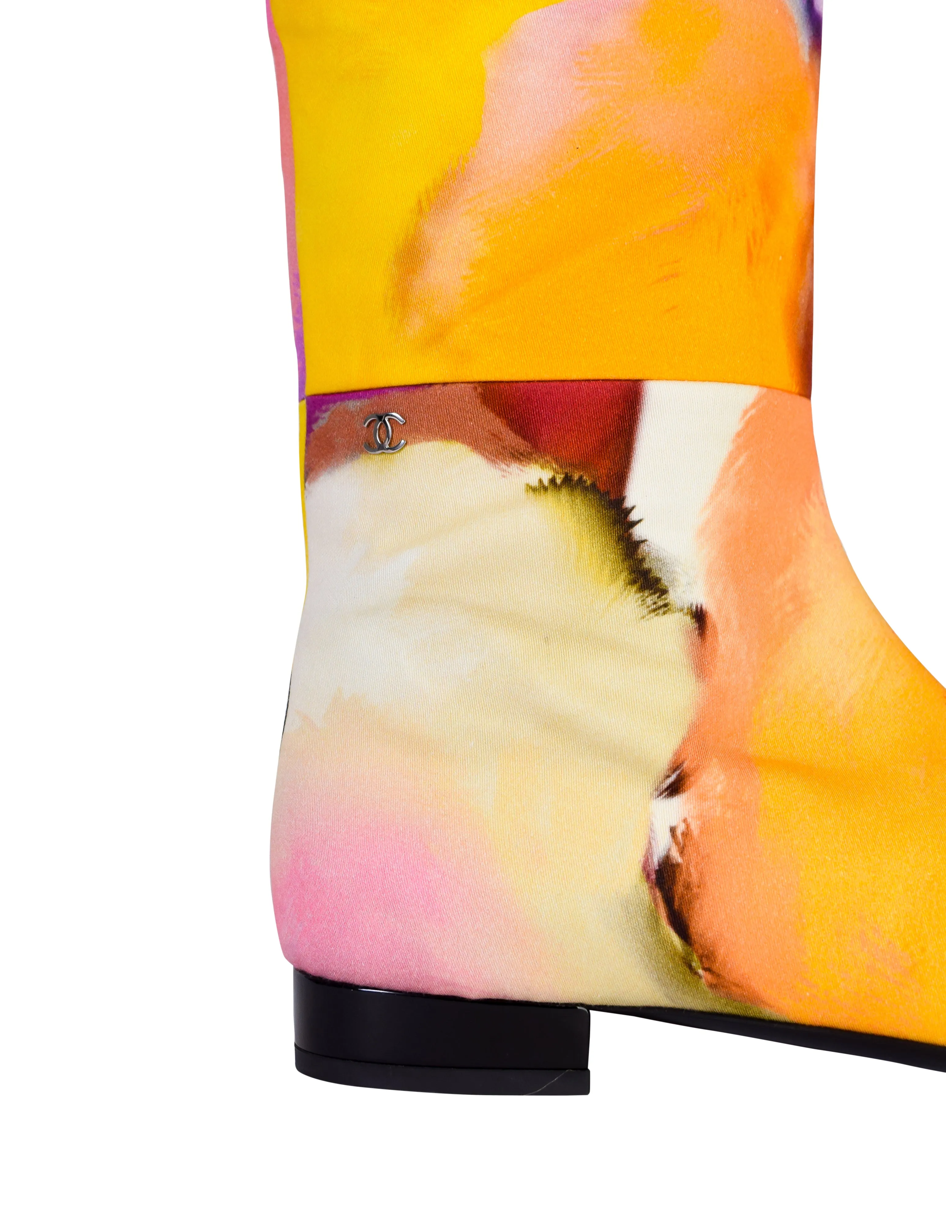 Chanel Spring Summer 2015 Vivid Watercolor Floral Print Black Patent Leather Toe Cap Boots