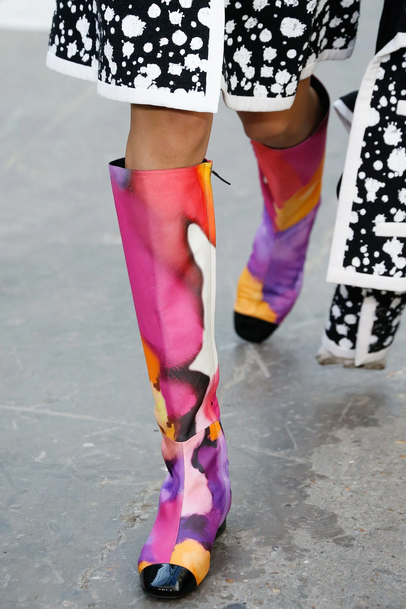 Chanel Spring Summer 2015 Vivid Watercolor Floral Print Black Patent Leather Toe Cap Boots