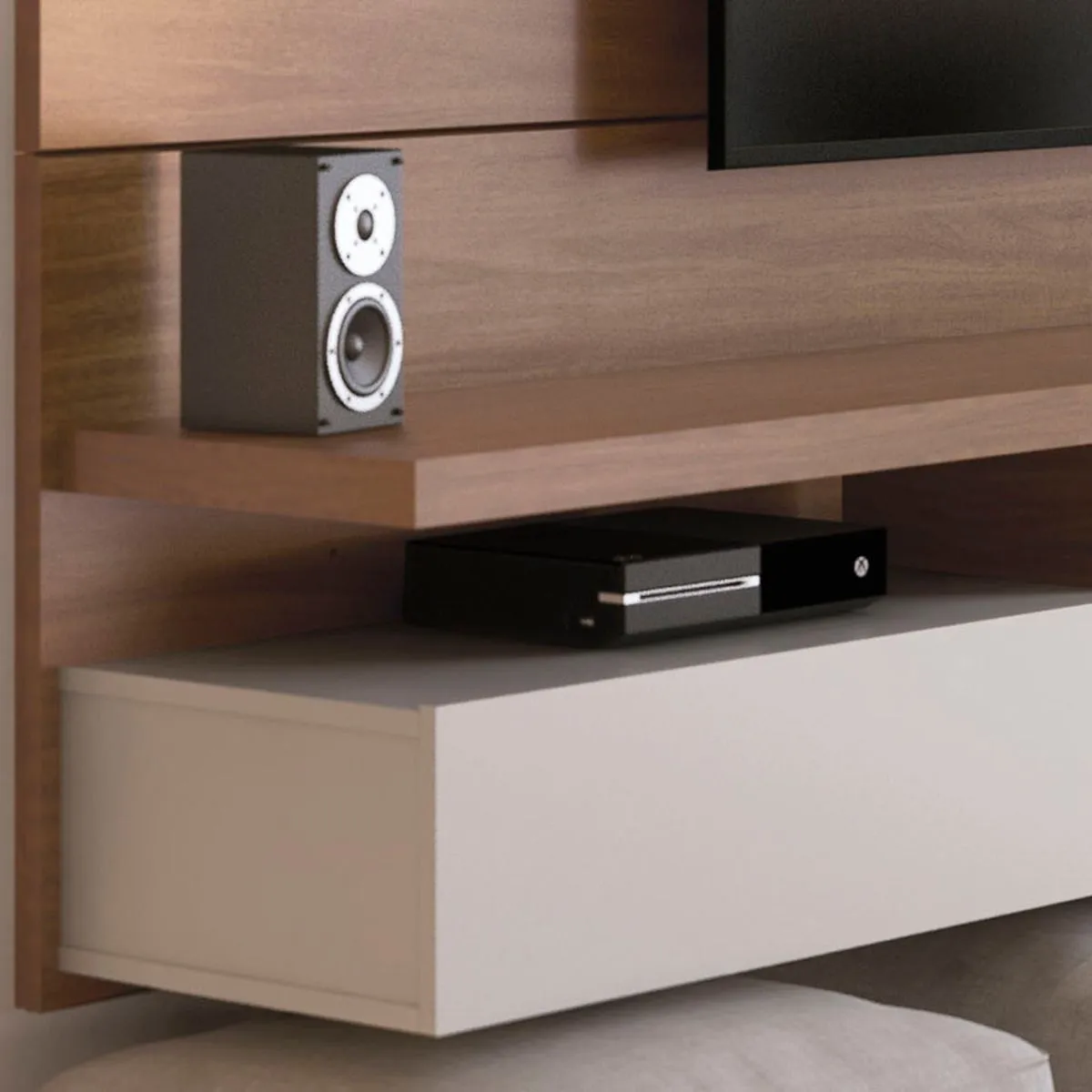 City 62.99 Modern Floating Entertainment Center with Media Shelves in Maple Cream and Off White