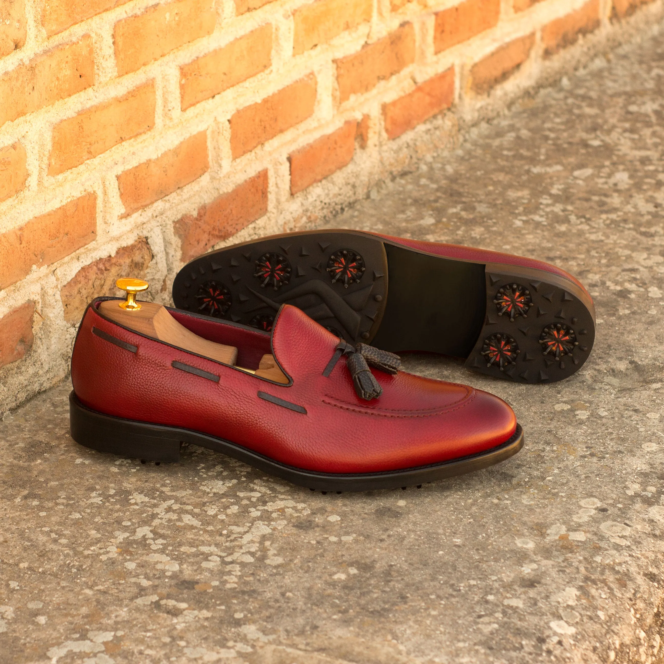 DapperFam Luciano Golf in Red / Black Men's Italian Full Grain Leather & Italian Pebble Grain Leather Loafer