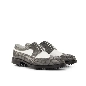 DapperFam Zephyr Golf in Grey / White Men's Italian Croco Embossed Leather Longwing Blucher