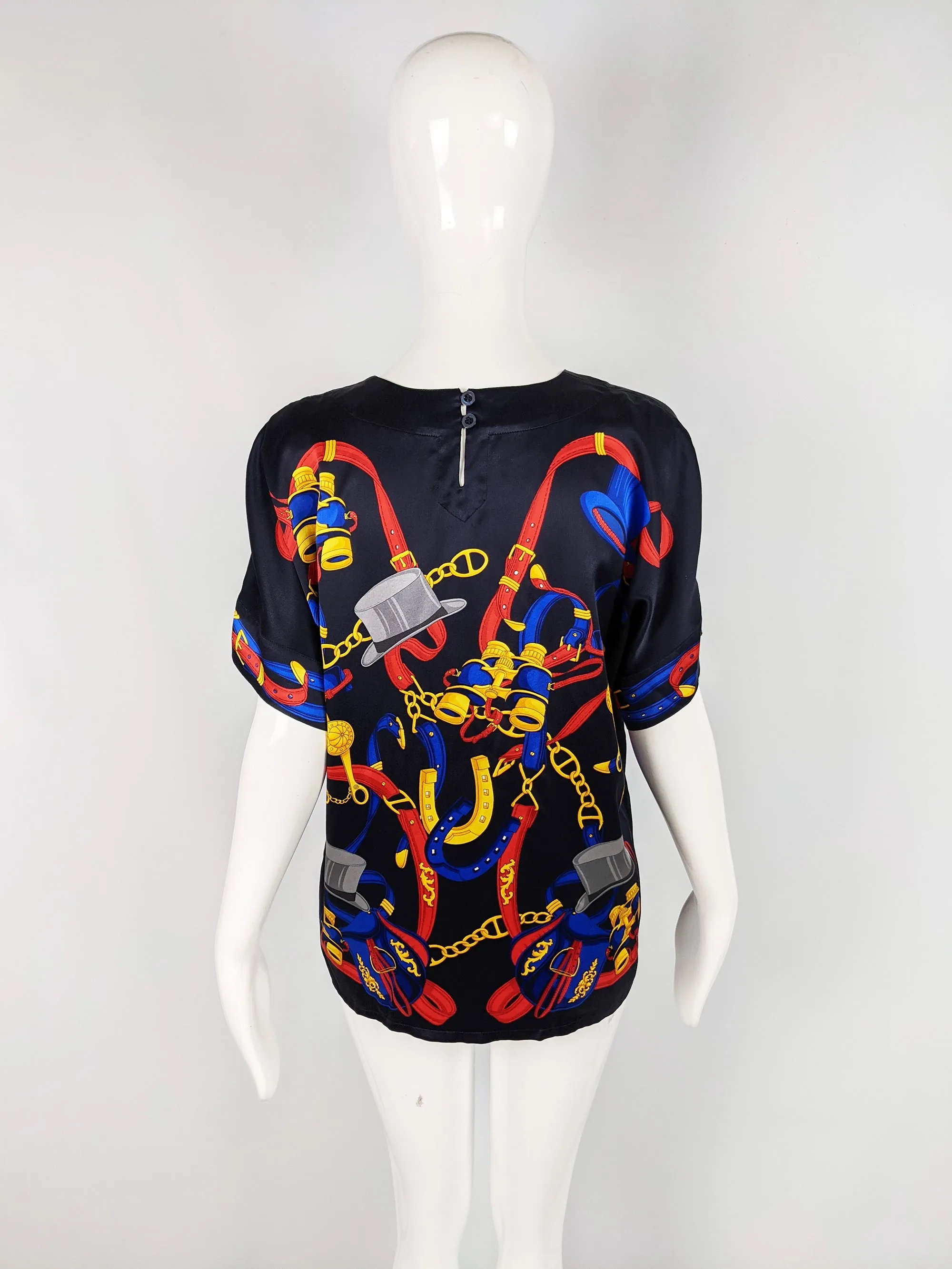 Escada Vintage Silk Top Hat Equestrian Print Silk Blouse, 1980s