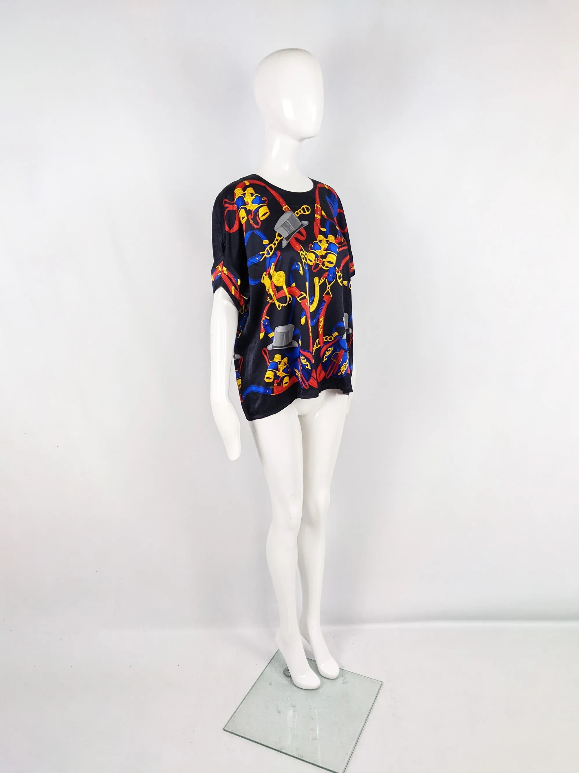 Escada Vintage Silk Top Hat Equestrian Print Silk Blouse, 1980s