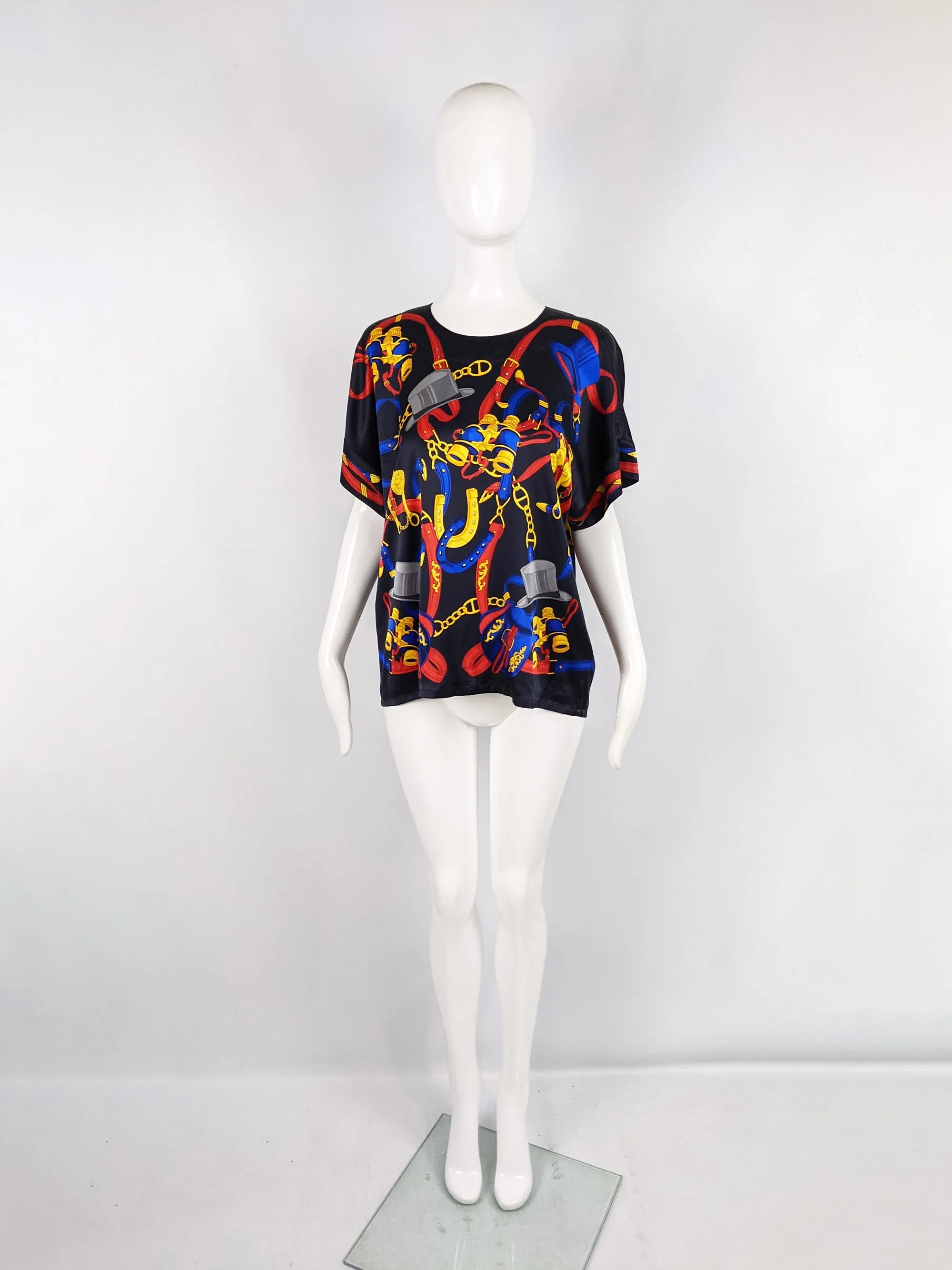 Escada Vintage Silk Top Hat Equestrian Print Silk Blouse, 1980s