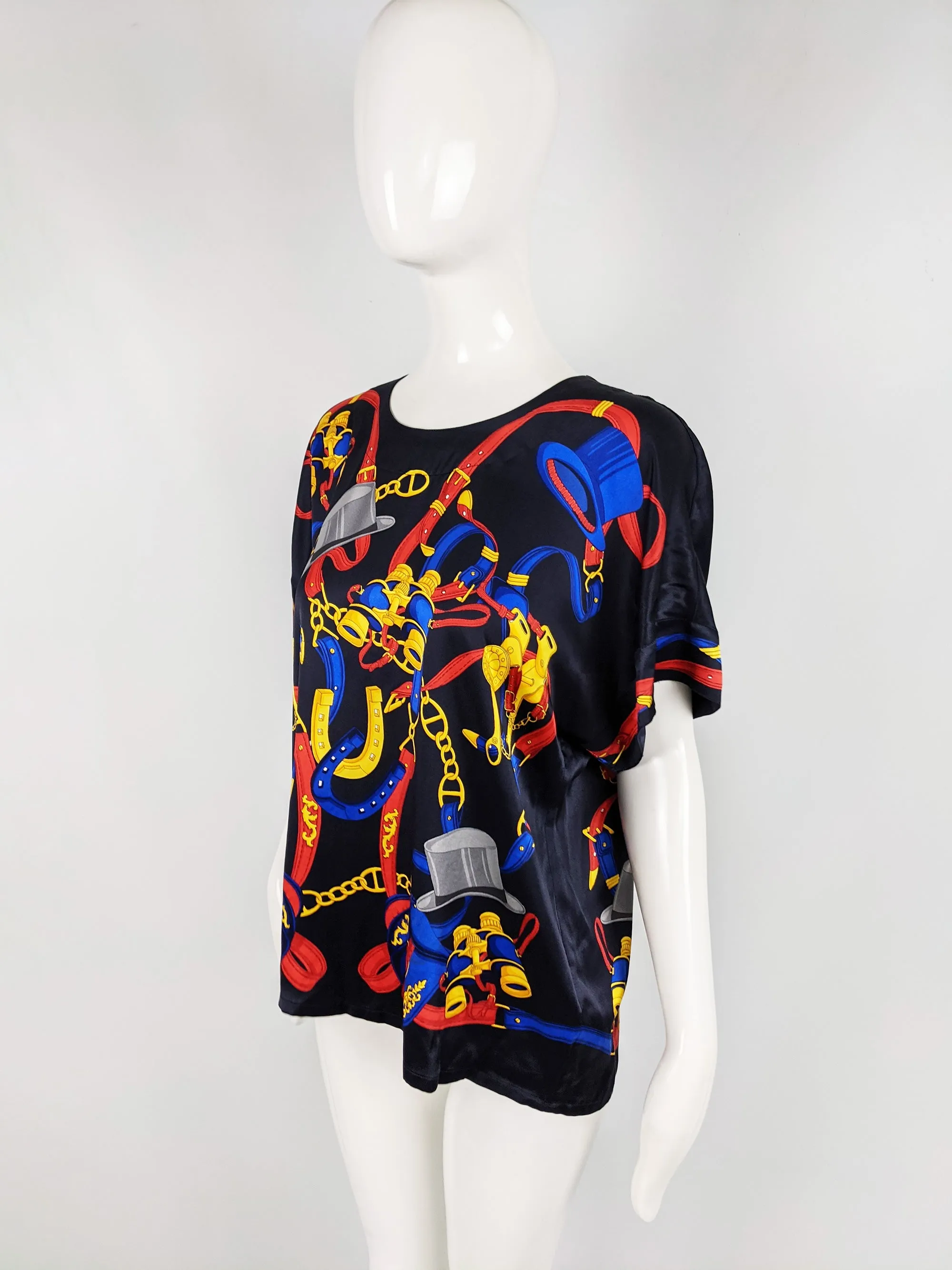 Escada Vintage Silk Top Hat Equestrian Print Silk Blouse, 1980s