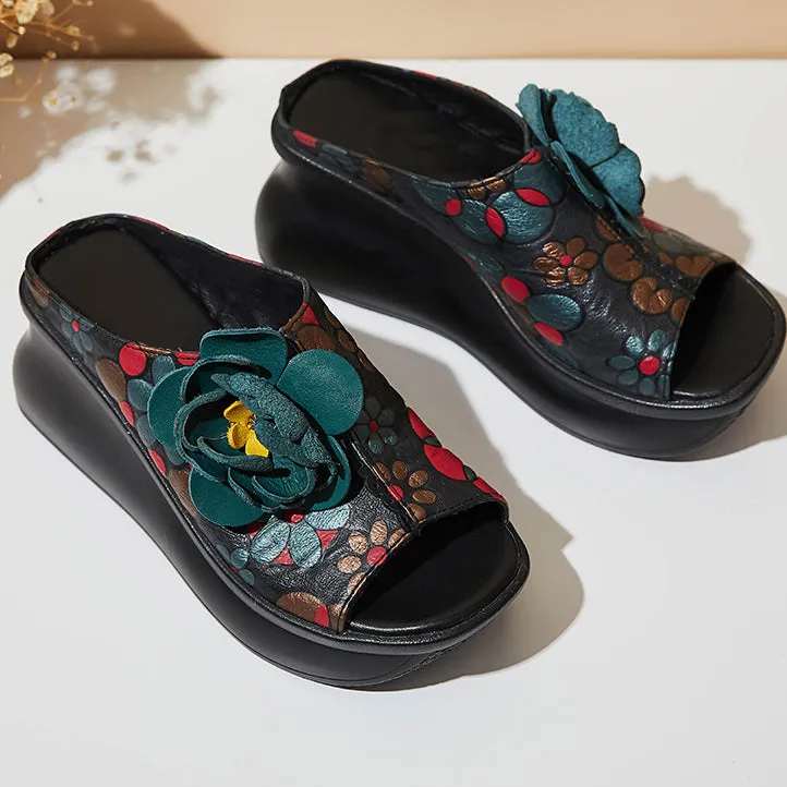 Ethnic Style Printed Retro Fish Toe Wedge Slippers