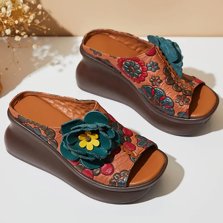 Ethnic Style Printed Retro Fish Toe Wedge Slippers