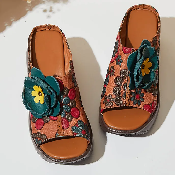 Ethnic Style Printed Retro Fish Toe Wedge Slippers