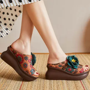 Ethnic Style Printed Retro Fish Toe Wedge Slippers