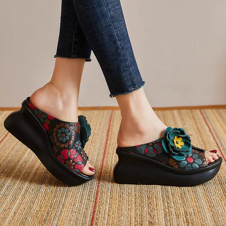 Ethnic Style Printed Retro Fish Toe Wedge Slippers