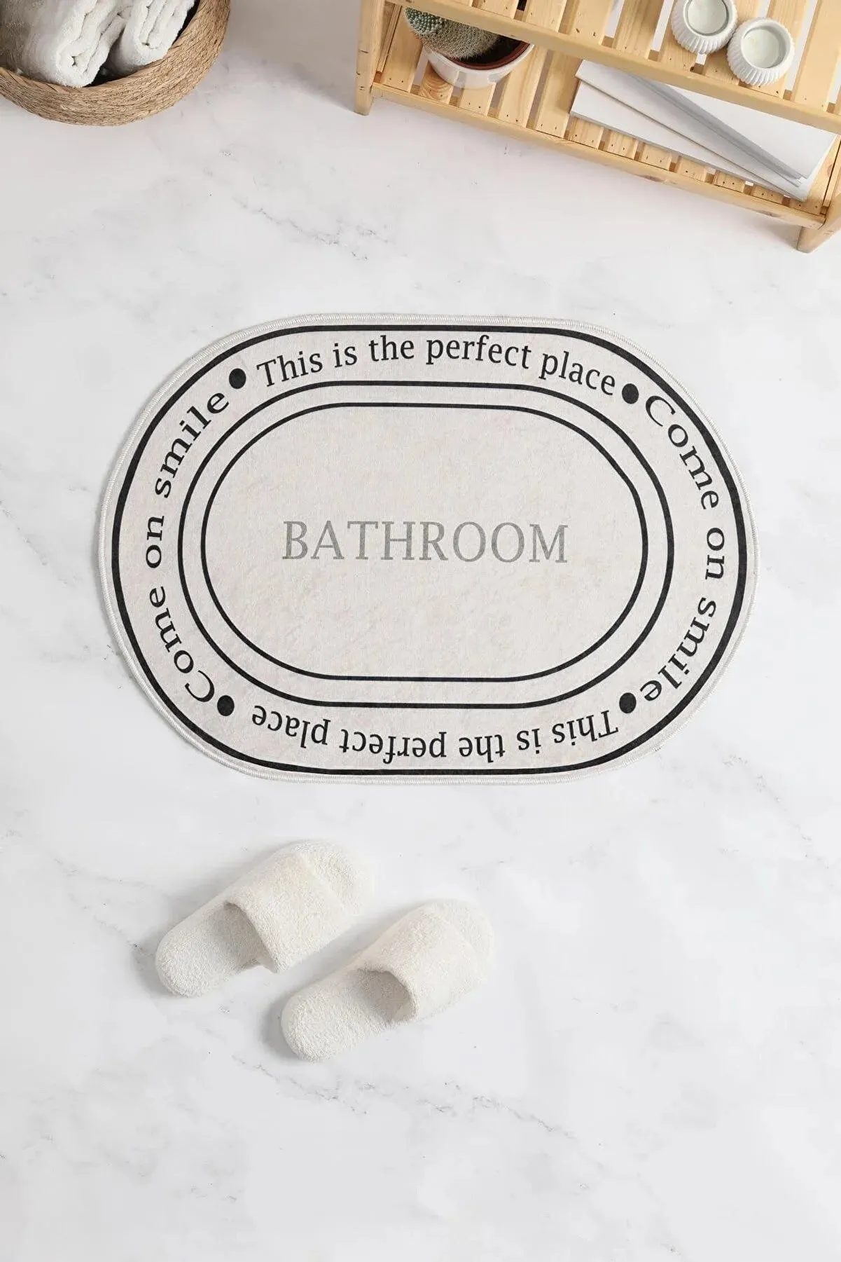 FAVORA Bathroom Written Oval Washable Anti-Slip Bath  Mat