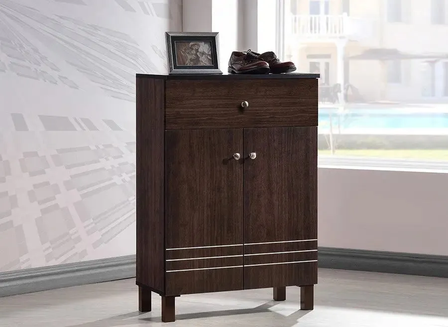 Felda Dark Brown Modern Shoe Cabinet with 2 Doors and Drawer