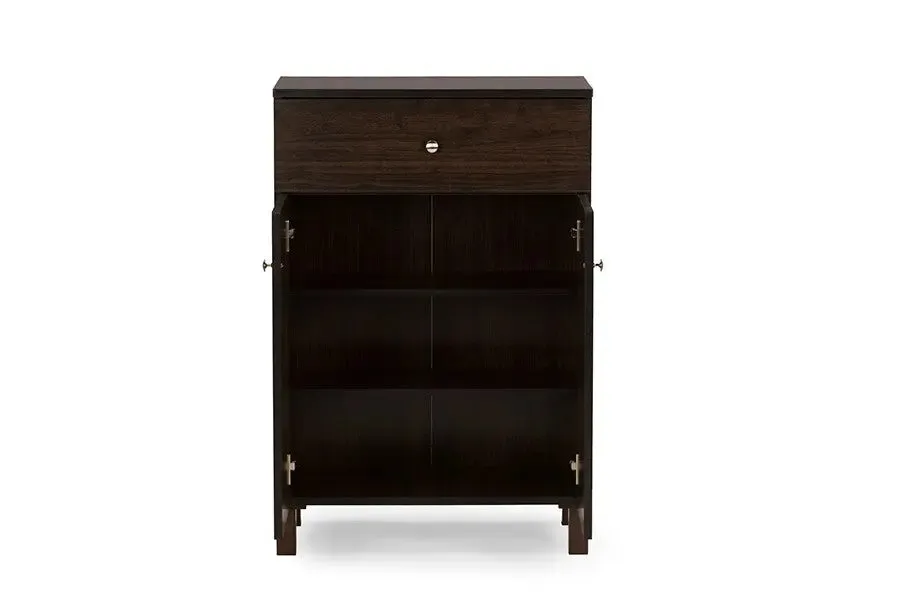 Felda Dark Brown Modern Shoe Cabinet with 2 Doors and Drawer