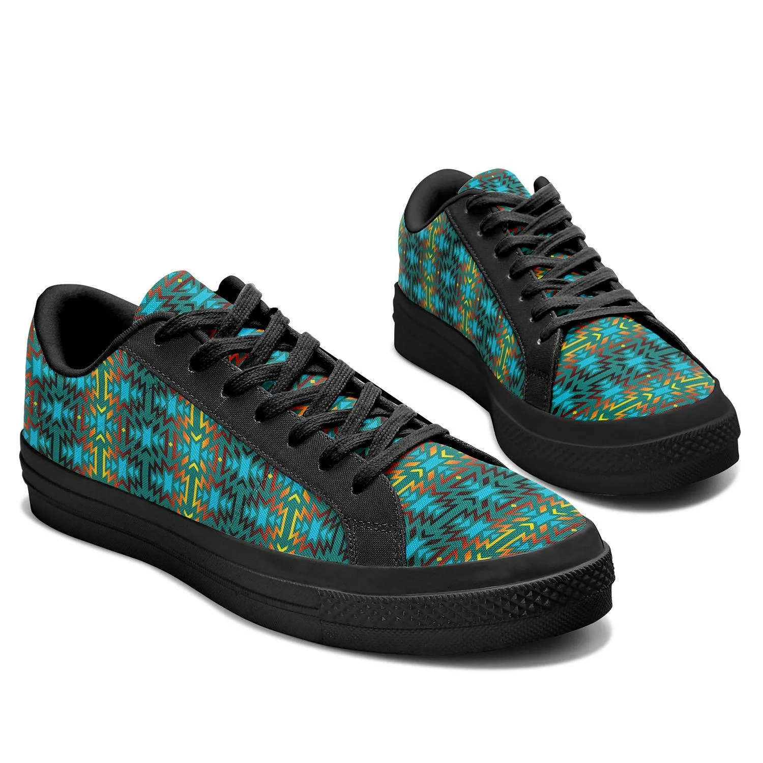 Fire Colors and Turquoise Teal Aapisi Low Top Canvas Shoes Black Sole