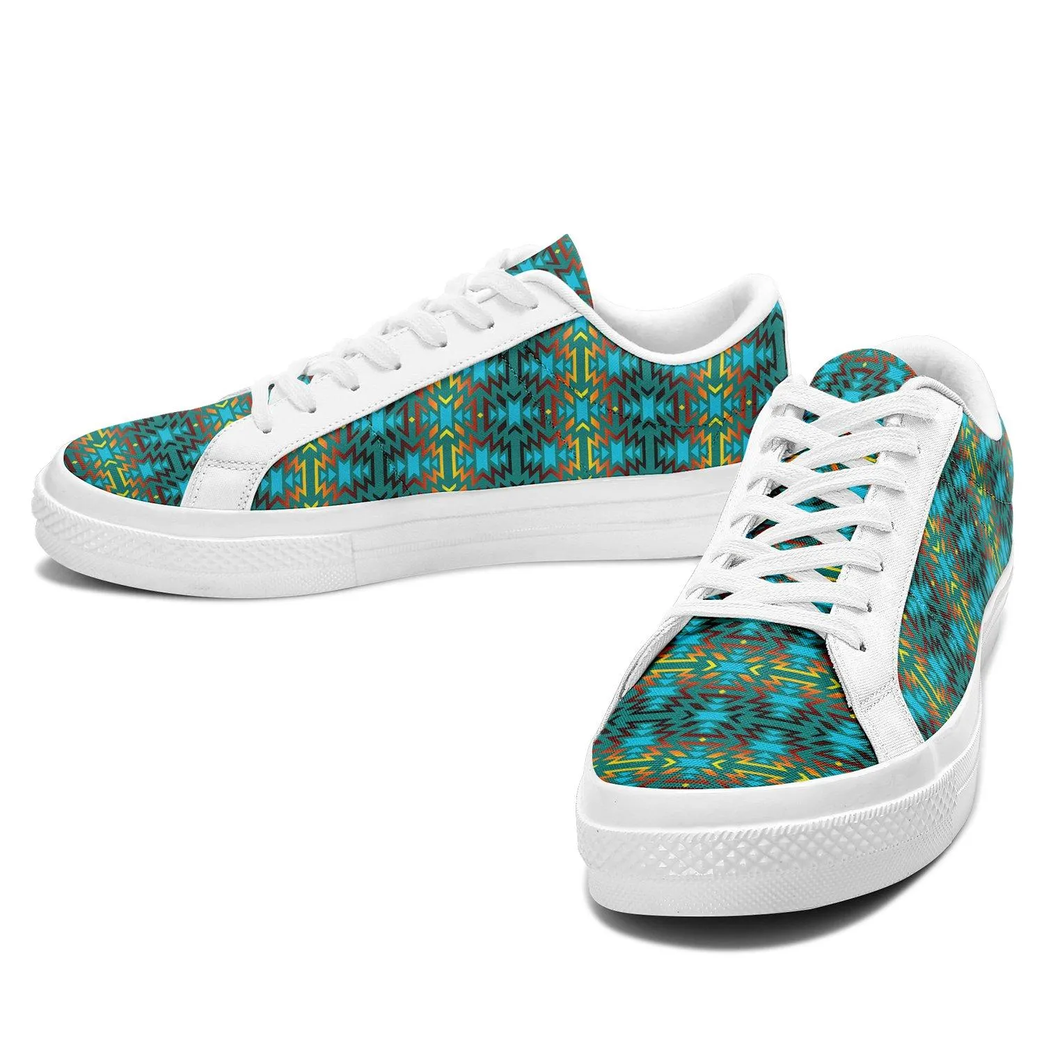 Fire Colors and Turquoise Teal Aapisi Low Top Canvas Shoes White Sole