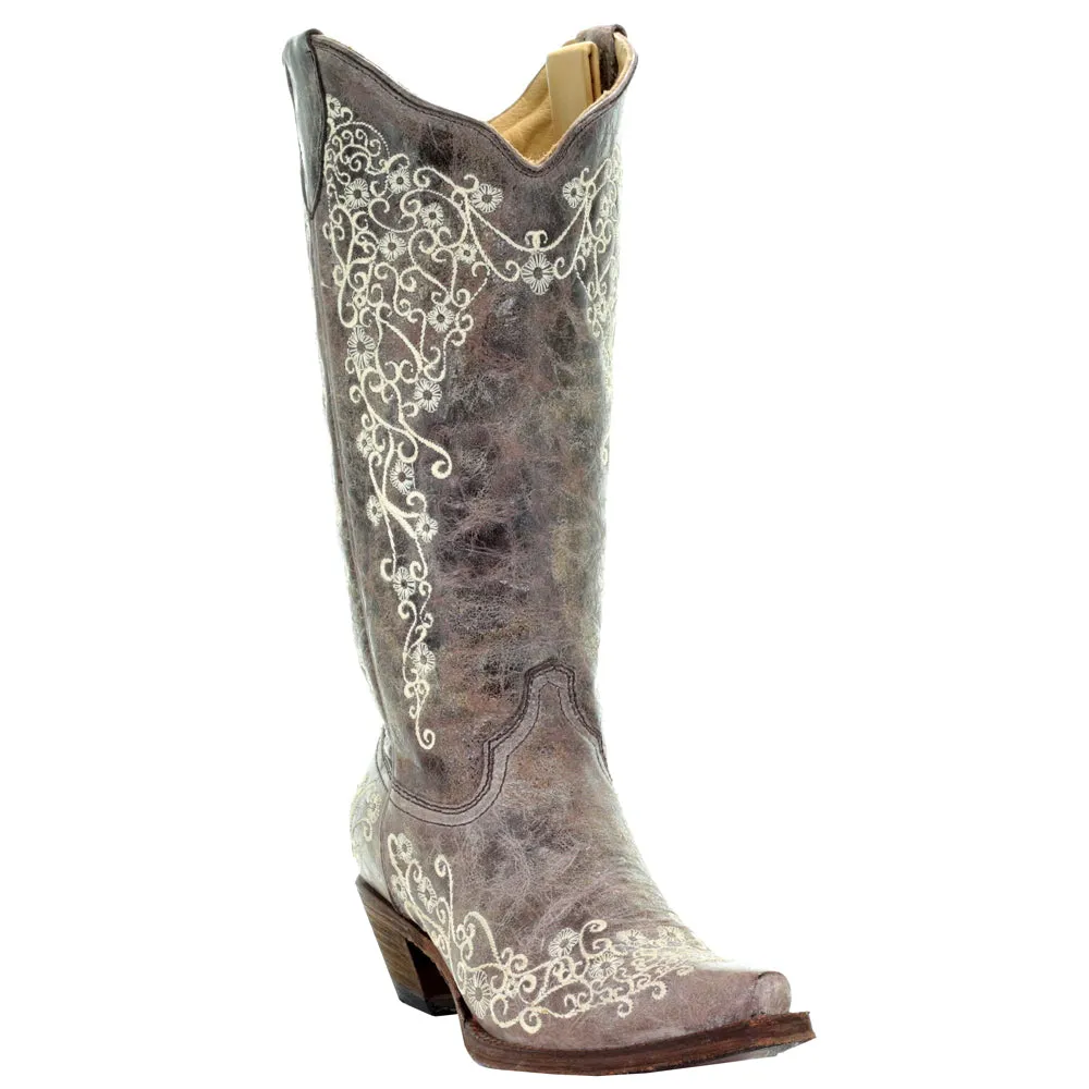 Floral Tooled-Inlay Snip Toe Cowboy Boots