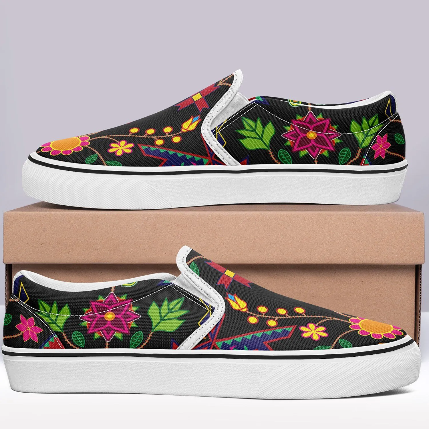 Geometric Floral Spring Black Otoyimm Kid's Canvas Slip On Shoes