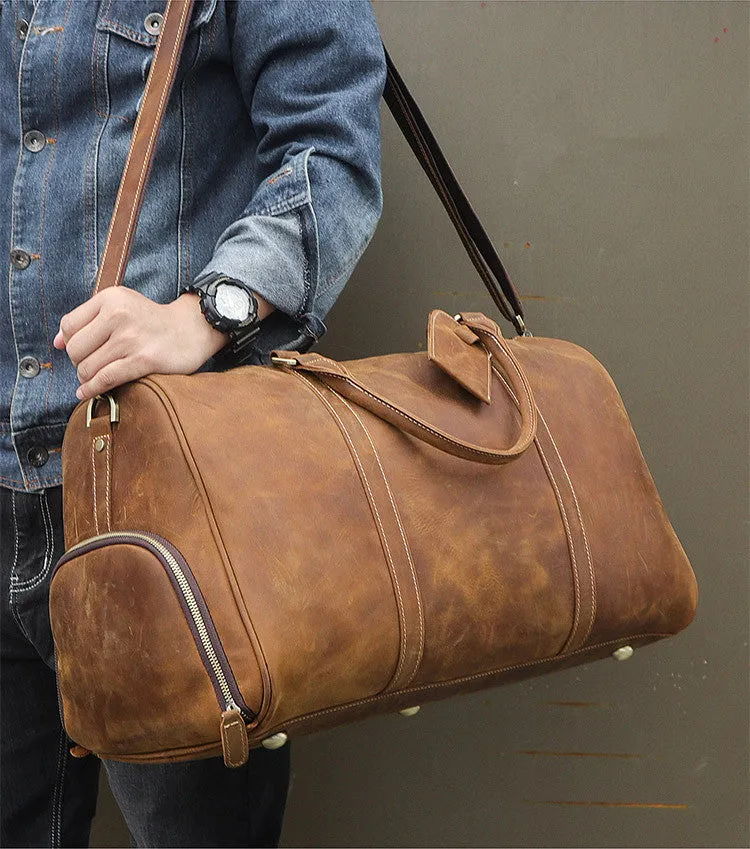 Handmade Large Vintage Full Grain Leather Duffel Bag Travel Luggage Bag Duffle bag with Shoes Compartment