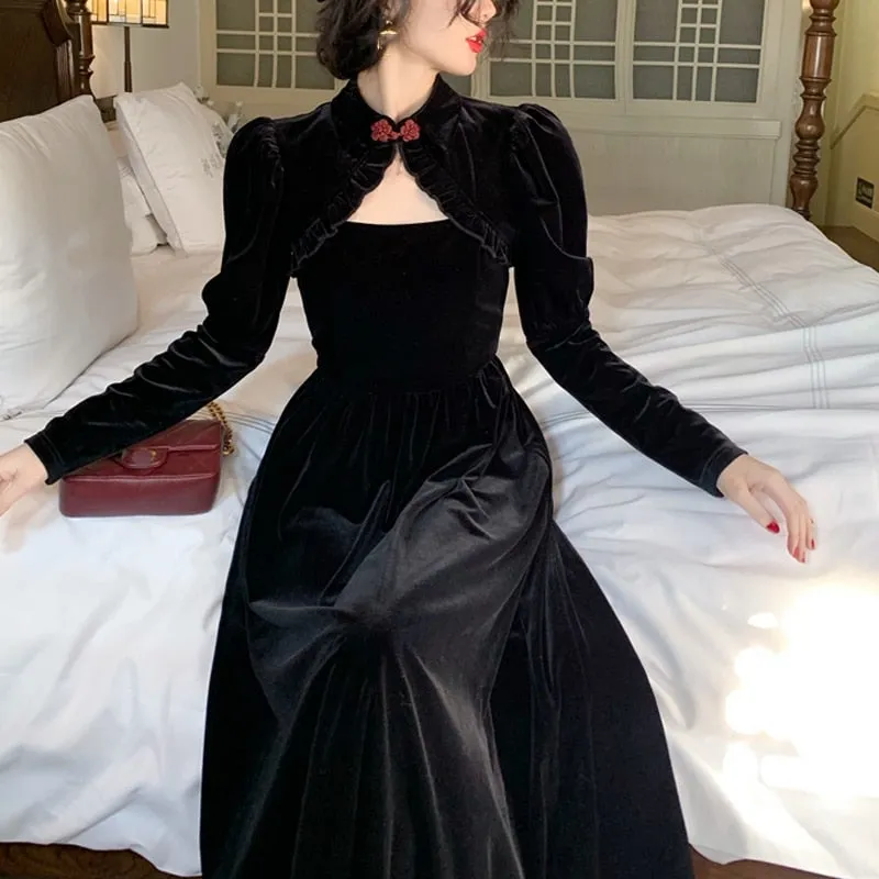 Joskaa Black Friday Sales Elegant Long Black Velvet Dress Women Sexy Hollow Out Design Evening Party Dress Vintage Gothic Casual Y2K One Piece Dress 2024