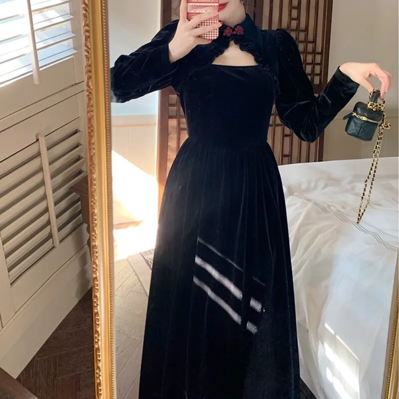 Joskaa Black Friday Sales Elegant Long Black Velvet Dress Women Sexy Hollow Out Design Evening Party Dress Vintage Gothic Casual Y2K One Piece Dress 2024