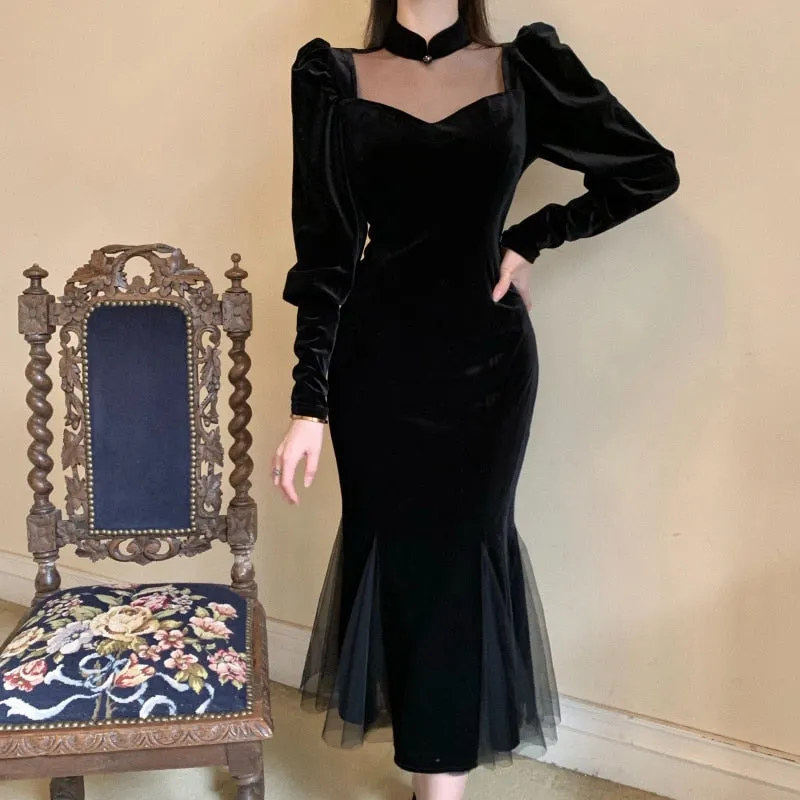 Joskaa Black Friday Sales Elegant Mesh Velvet Black Long Dress Women Vintage Gothic Slim Party Dresses Female Winter Sexy Split Hollow Christmas Dress New