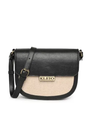 KLEIO Jute Canvas PU Leather Crossbody Side Sling Bag For Women Girls (HO8038KL-BL)(BLACK)