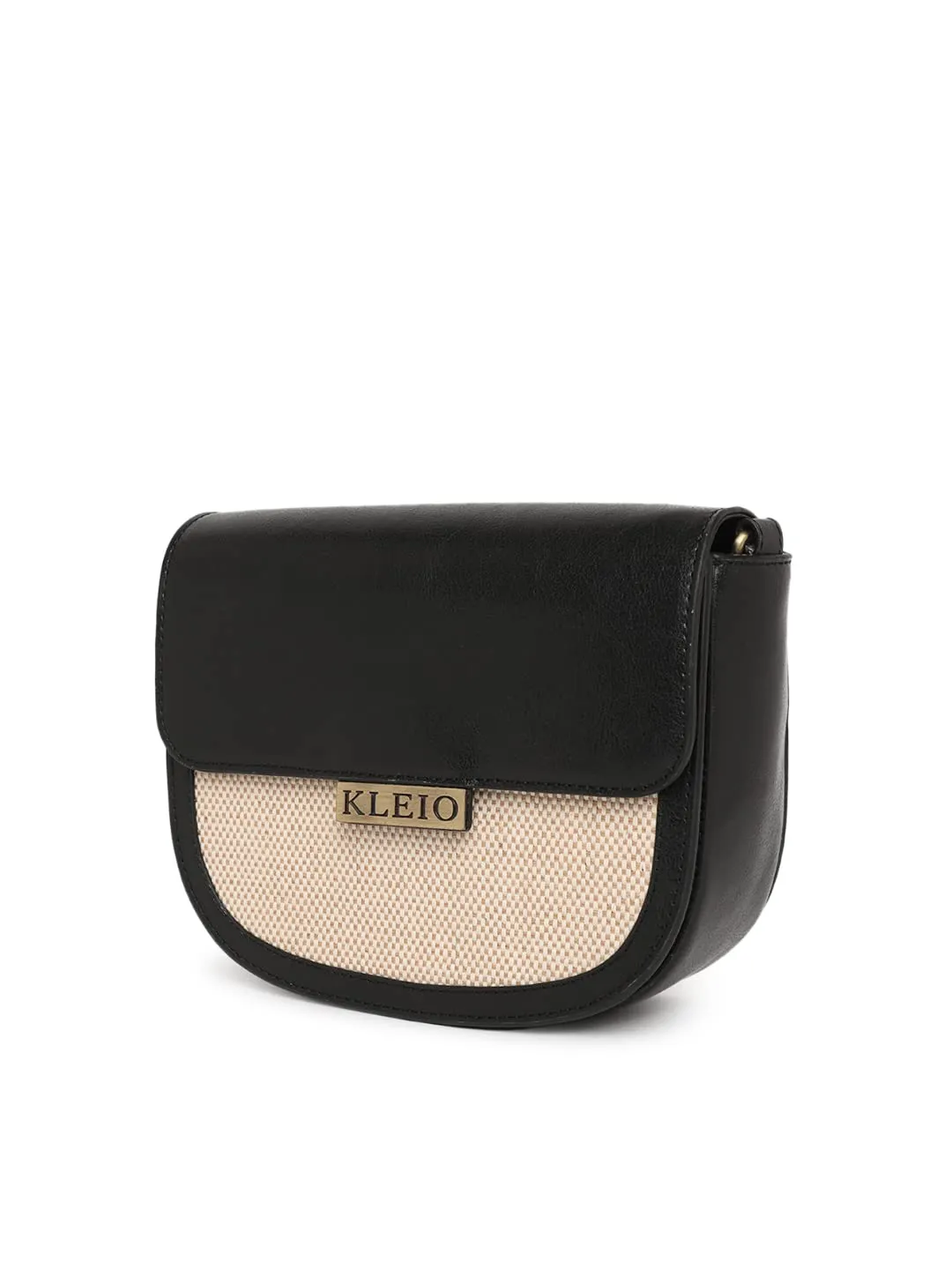 KLEIO Jute Canvas PU Leather Crossbody Side Sling Bag For Women Girls (HO8038KL-BL)(BLACK)