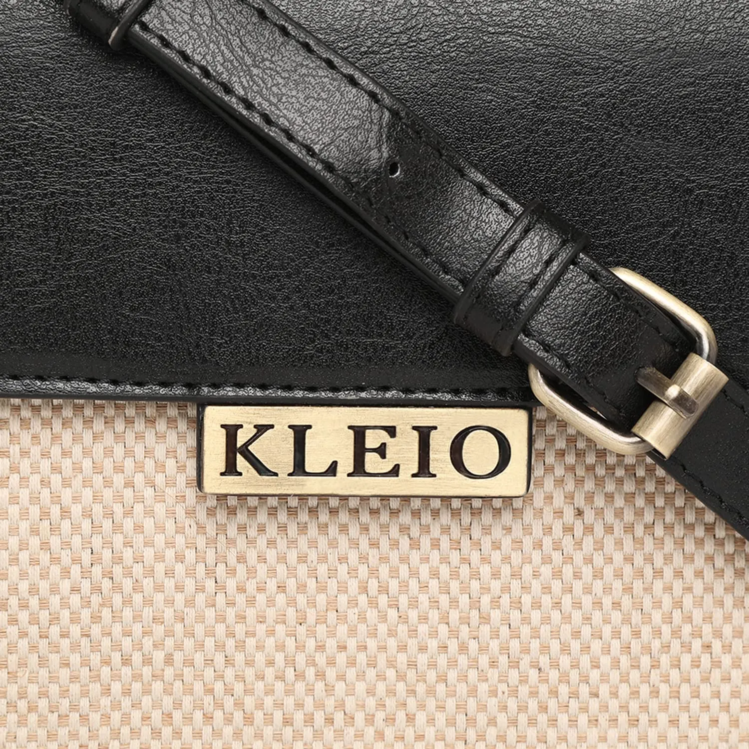 KLEIO Jute Canvas PU Leather Crossbody Side Sling Bag For Women Girls (HO8038KL-BL)(BLACK)